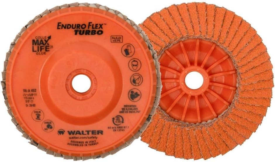 Walter 06A452 4-1/2x5/8-11 Enduro-Flex Turbo Spin-On Discs Fast Grinding Blending Flap Disc Grit 36/60 Type 27S, 10 pack