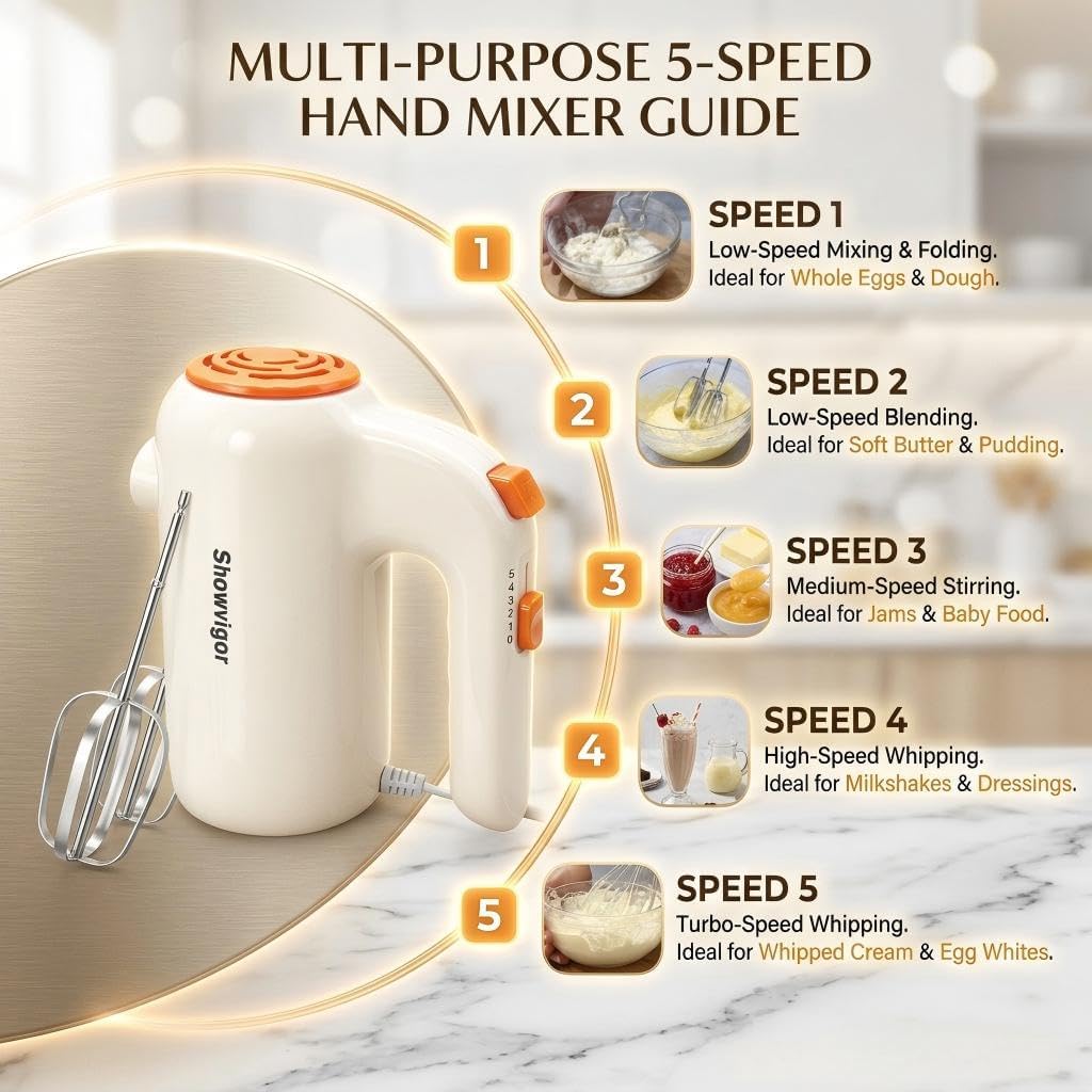 Hand Mixer, 5-Speed Electric Whisk with Turbo Boost Includes 5 Stainless Steel Attachments - Great Stand Mixer