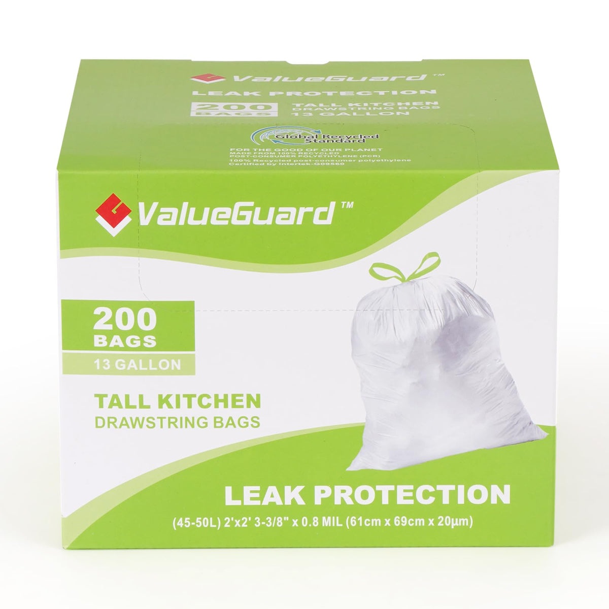 Large Trash Bag 13 Gallon Tall Drawstring 100% Post-Consumer Recycled Garbage Bag Waste Bag for Kitchen Office 0.8