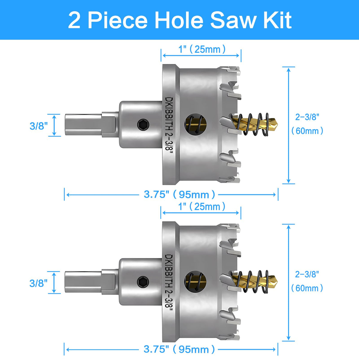 DKIBBITH TCT Hole Saw Set, 2-Pack 2-3/8" (60mm) Heavy Duty Tungsten Carbide Tipped Hole Cutters for Stainless Steel, Copper, Iron, Brass, Plastic with Titanium-Plated Pilot Drill Bits