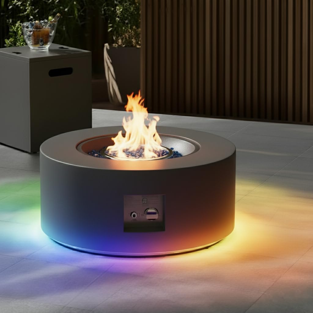 30" Round Outdoor Propane Fire Pit Table with LED for Outside Patio