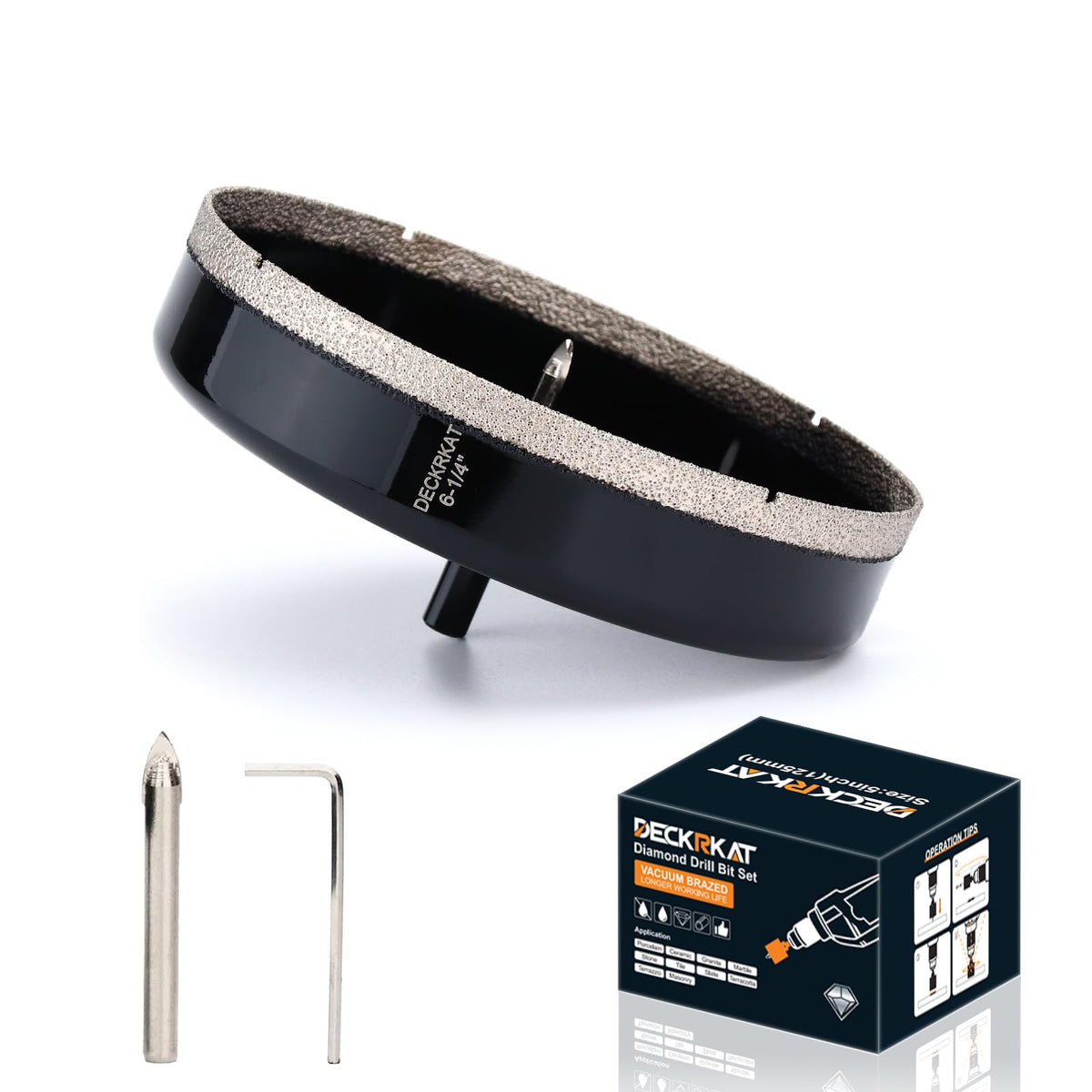 DECKRKAT 6-1/4"Diamond Hole-Saw Bits with Pilot Drill Bit - 6-1/4"Diamond Tipped Tile Hole Saws with Guiding Bit Accurate Drilling for Porcelain Tile Ceramic Pottery Granite Stone Glass Bottles 160mm