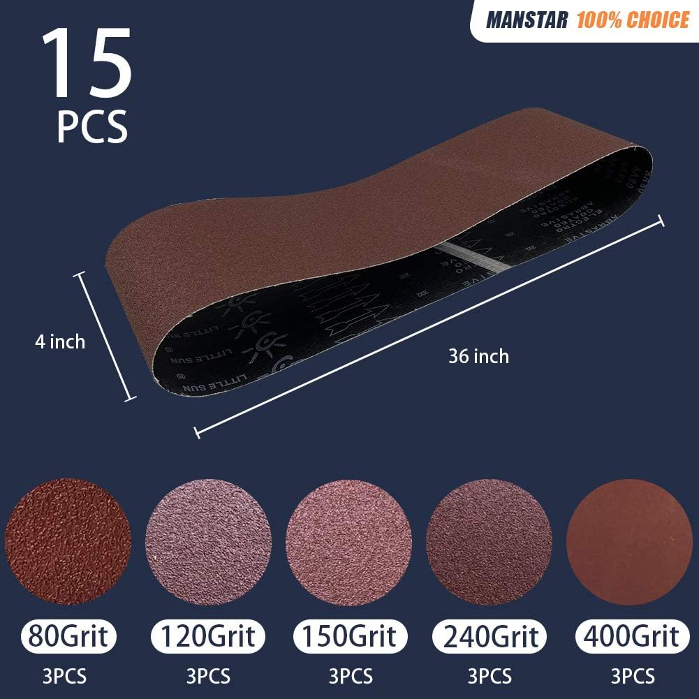 15 Pcs 4 x 36 Inch Assorted Aluminum Oxide Sanding Belt,80/120/150/240/400 Grit