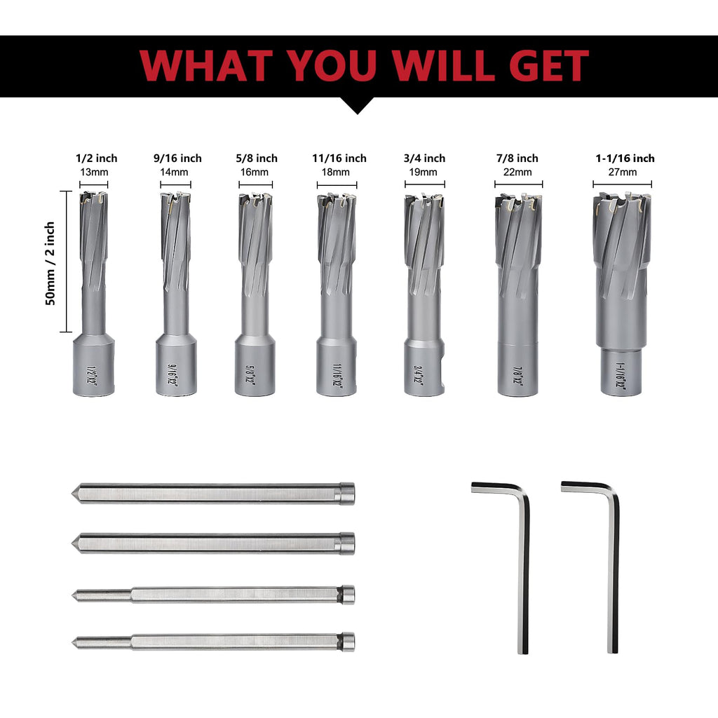 7 Pack 1/2" to 1-1/16" Annular Cutters Set with Weldon Shank