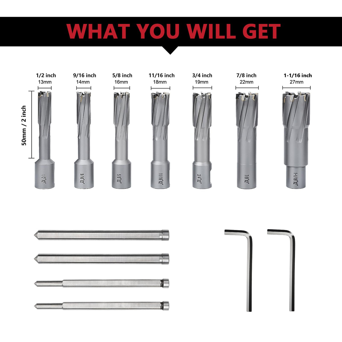 7 Pack 1/2" to 1-1/16" Annular Cutters Set with Weldon Shank