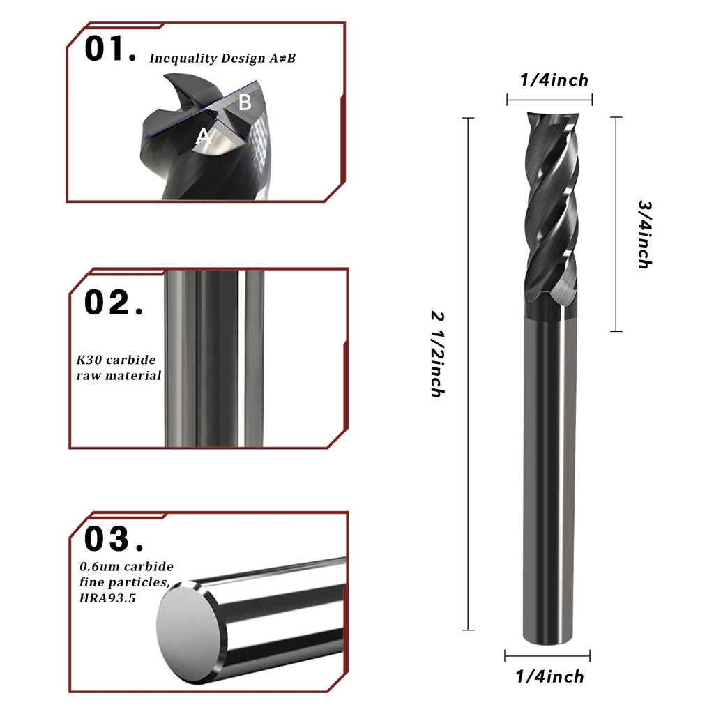 1/4 Carbide End Mill- 4 Flute Square Endmill for Steel 2pcs