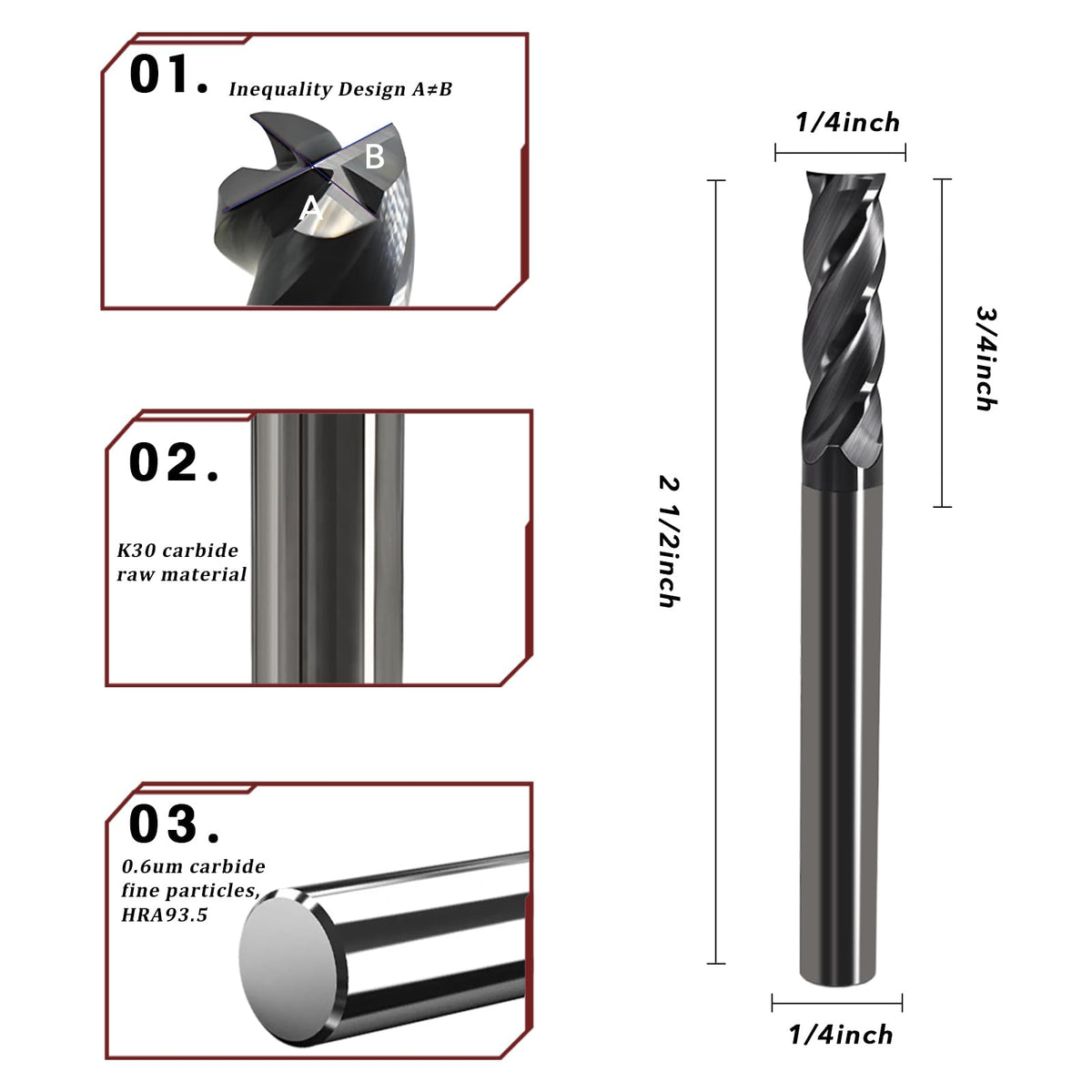 1/4 Carbide End Mill- 4 Flute Square Endmill for Steel 2pcs