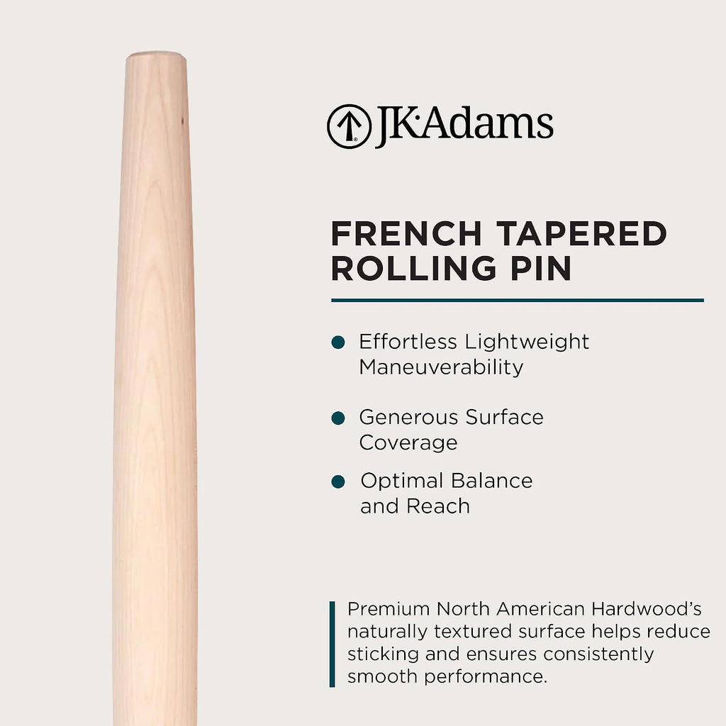 French Tapered Rolling Pin, Wooden Baking Dowel, 20.5" x 1.75"