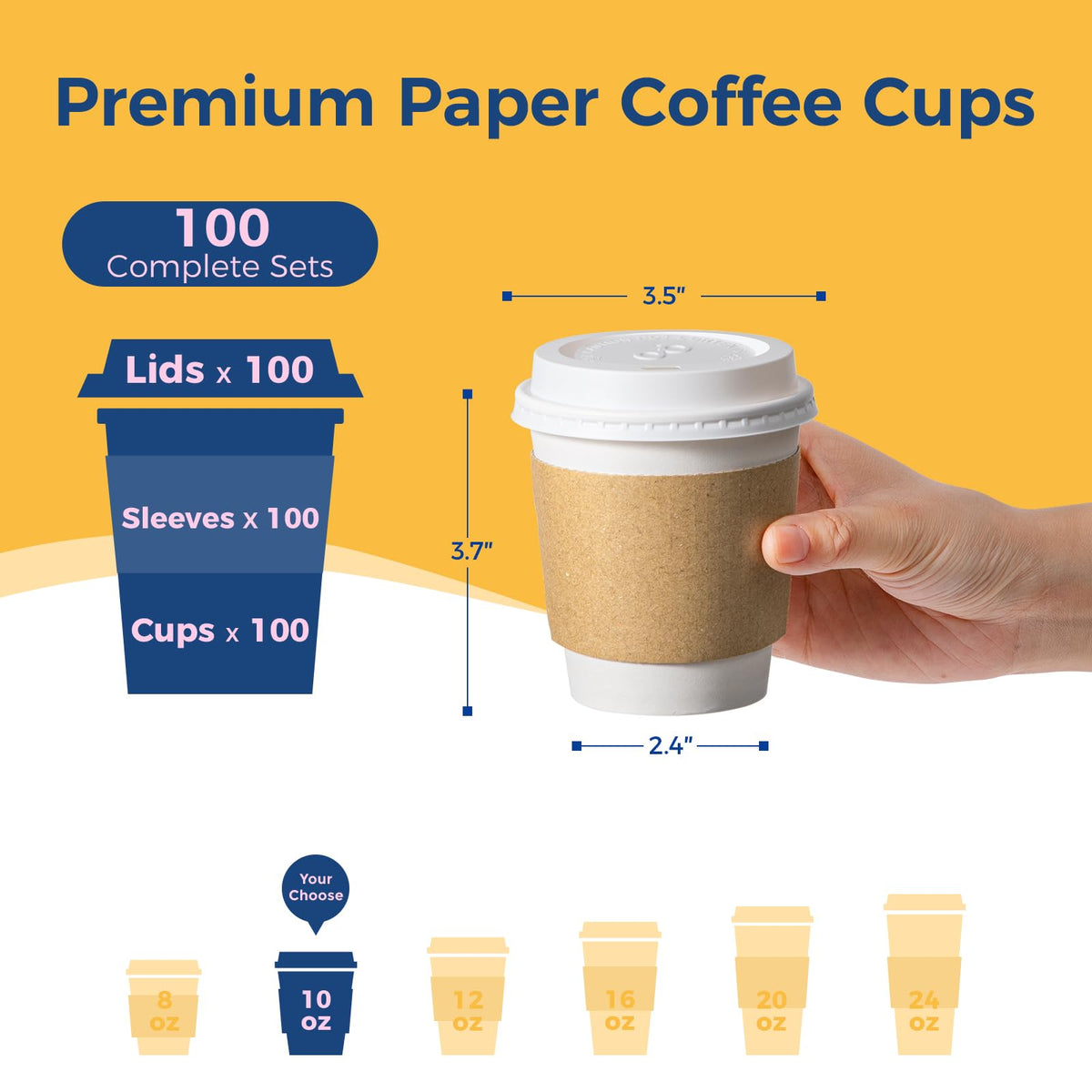 100 Pack 10 oz Disposable Coffee Cups with Lids, Sleeves, Leak-Proof To Go Coffee Cups with Lids, Durable Hot Paper