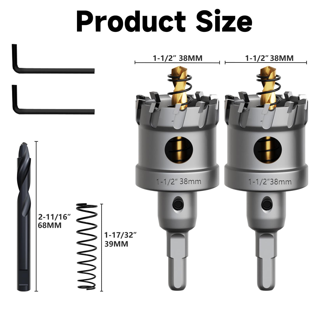 METOTY Metal Hole Saw 1-1/2''(38mm) 2Pcs Set Heavy Duty Tungsten Carbide Tipped Hole Cutters Set with a nitrided Step Drill and L-flench, for Steel Iron,Aluminum,Stainless stell,Plastic