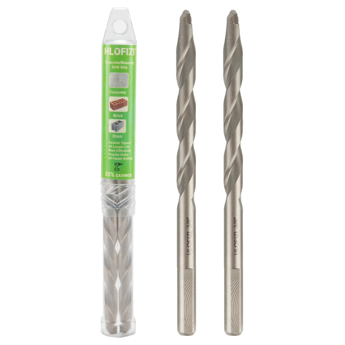 HLOFIZI 3/8" x 6" Masonry Drill Bits 3/8 inch Concrete Hammer Drill Bits Carbide Tipped, for Cement, Brick, Stone, 2 Pack