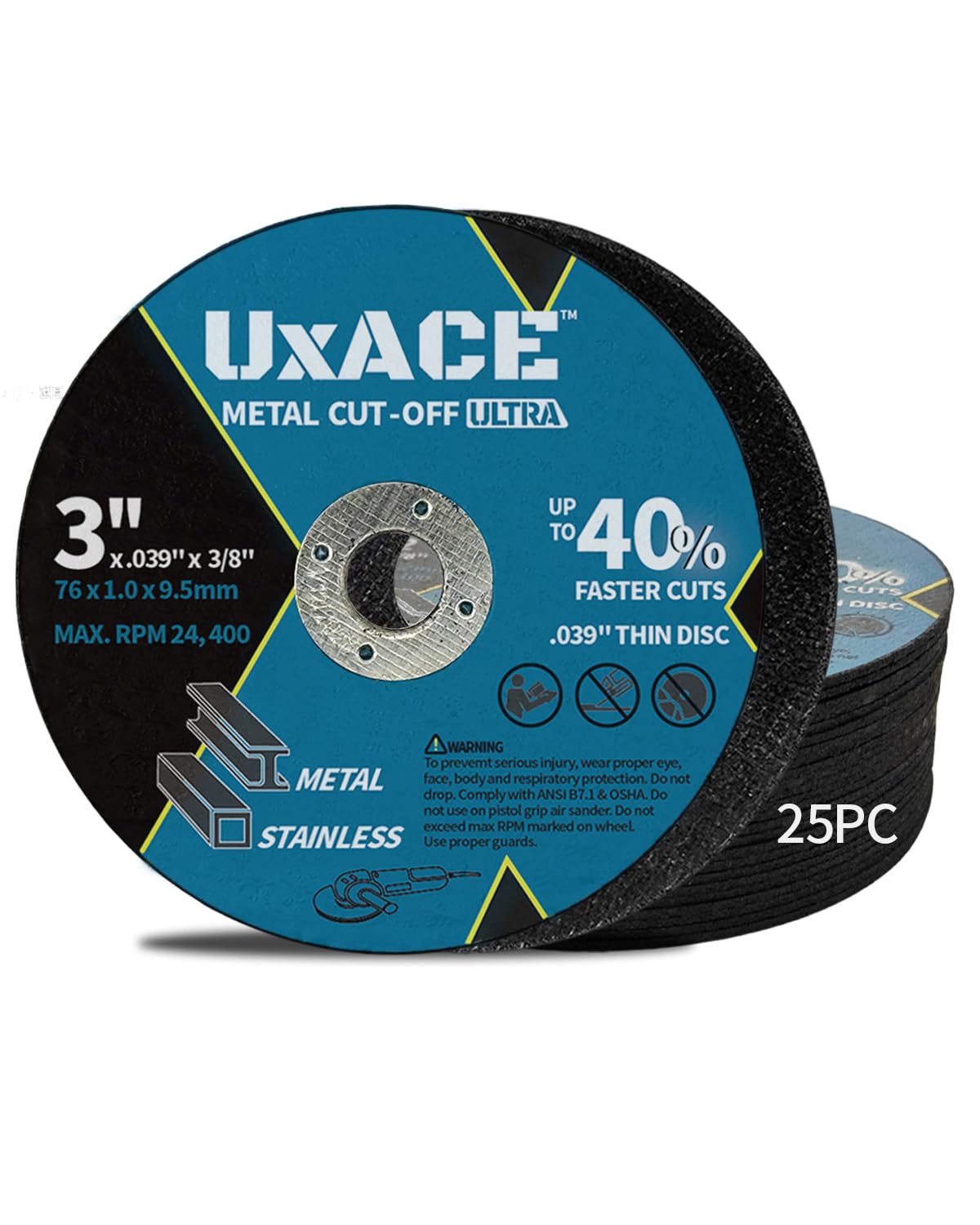 UXACE 3 Inch Cut-Off Wheel for Metal, Stainless Steel, Aluminum Cutting, Professional Super Thin Metal Cutting Disc for Angle Grinder, Die Grinder or Cut-Off Tools, 3/8 inch Arbor, 25 Pack