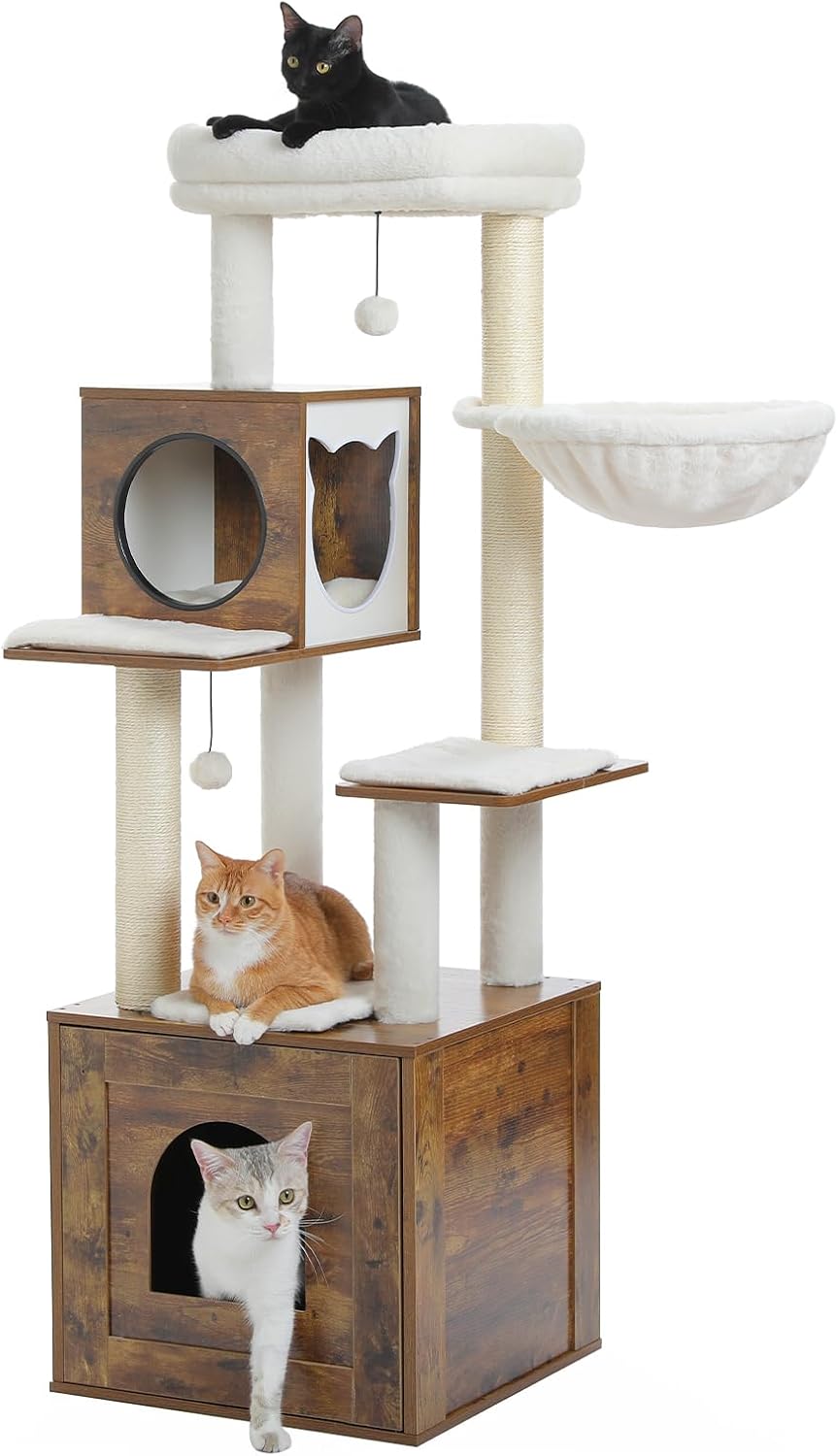 Cat Tree with Litter Box Enclosure, 2-in-1 Wood Cat Tower, Brown