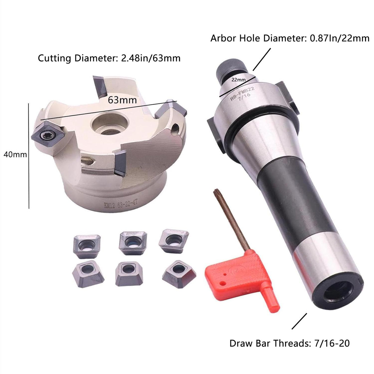 2.48"/63mm Cutting Dia 4-Flute KM12 63-22-4T Face Mill Shell Cutter Set
