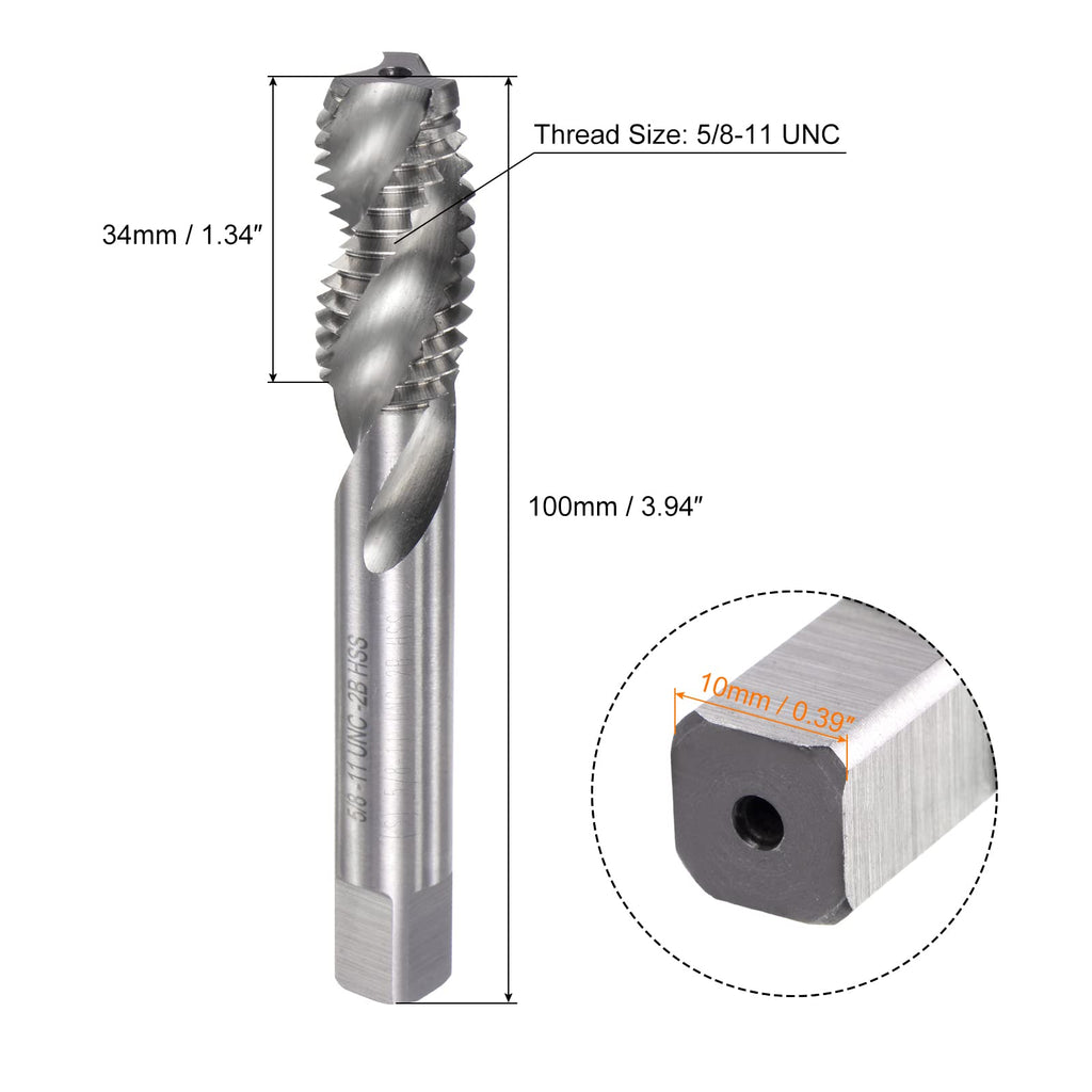 uxcell Spiral Flute Taps, 5/8-11 UNC 2B High Speed Steel (HSS) Uncoated Machine Thread Milling Threading Screw Tap 3 Flutes Tapping Tool