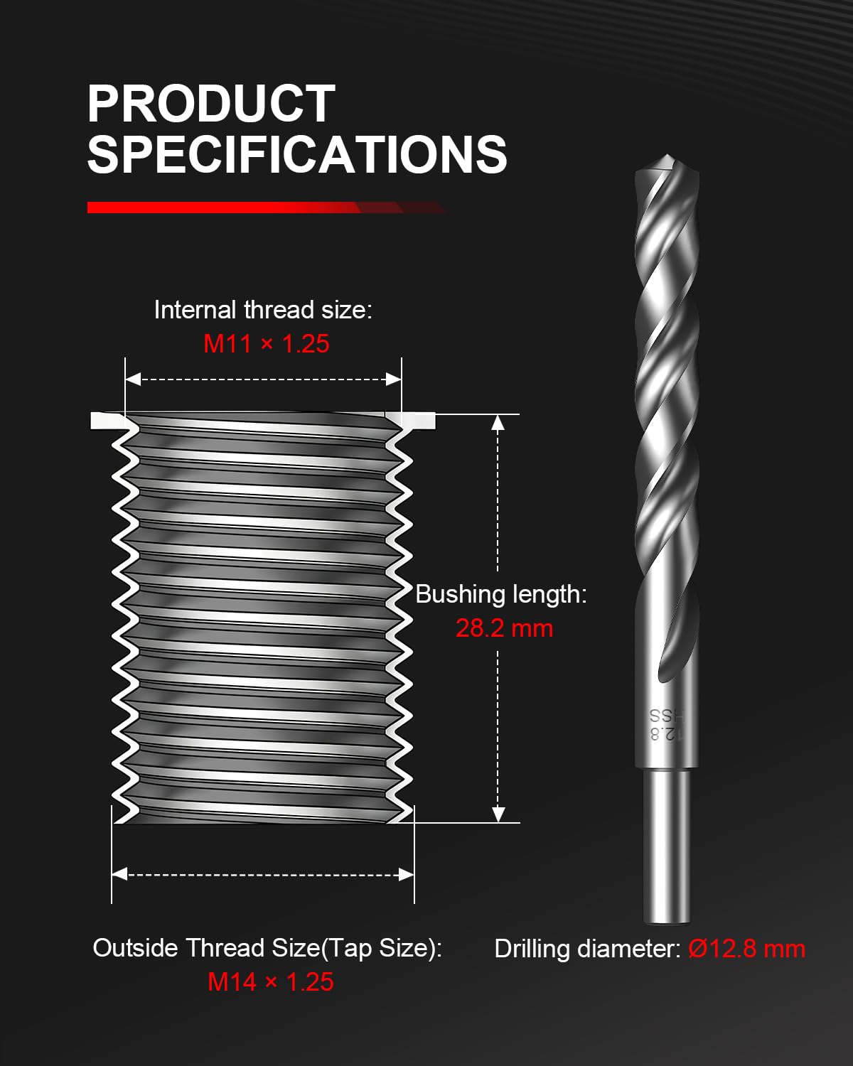 Kolvoii M11x1.25 Thread Repair Kit, 10 Solid 304 Stainless Steel Inserts