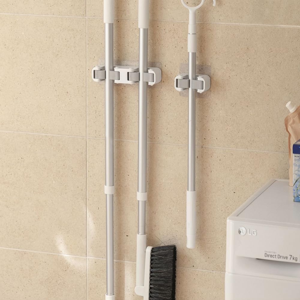 Broom Holder Wall Mount Self Adhesive, No-Drill Mop Grip Double Clip