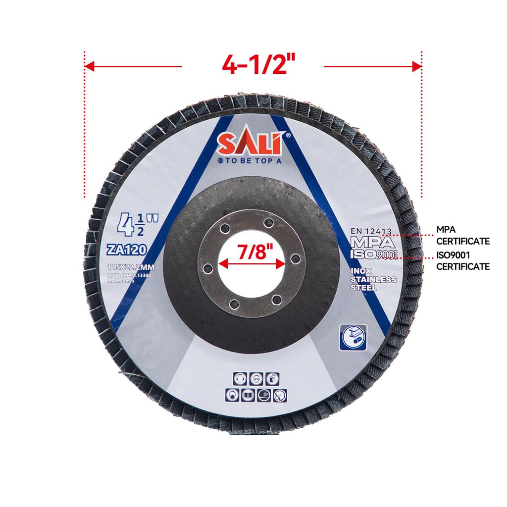 SALI Flap Discs 120 Grit, 4-1/2" x 7/8"-Inch Flap Sanding Disc, Type 29 Zirconia Grinding Wheel, Metal, Steel, Stainless Steel Grinding (12 Pack)