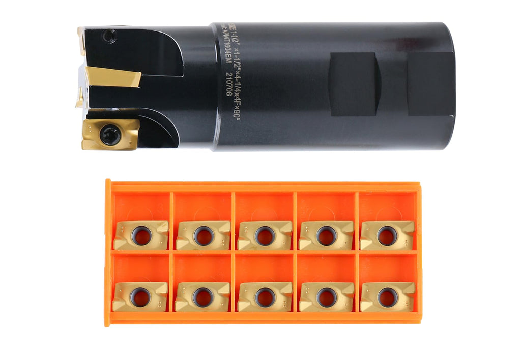 Accusize Industrial Tools 1-1/2" 90° Square Shoulder Indexable End Mill w/ 10 add'l APKT1604 Inserts, 1-1/2" Shank, 4-1/4" OAL, 0.551" ap, 4 Flutes, APKT1604, Carbide Inserts, 0056-0924+0056-1604