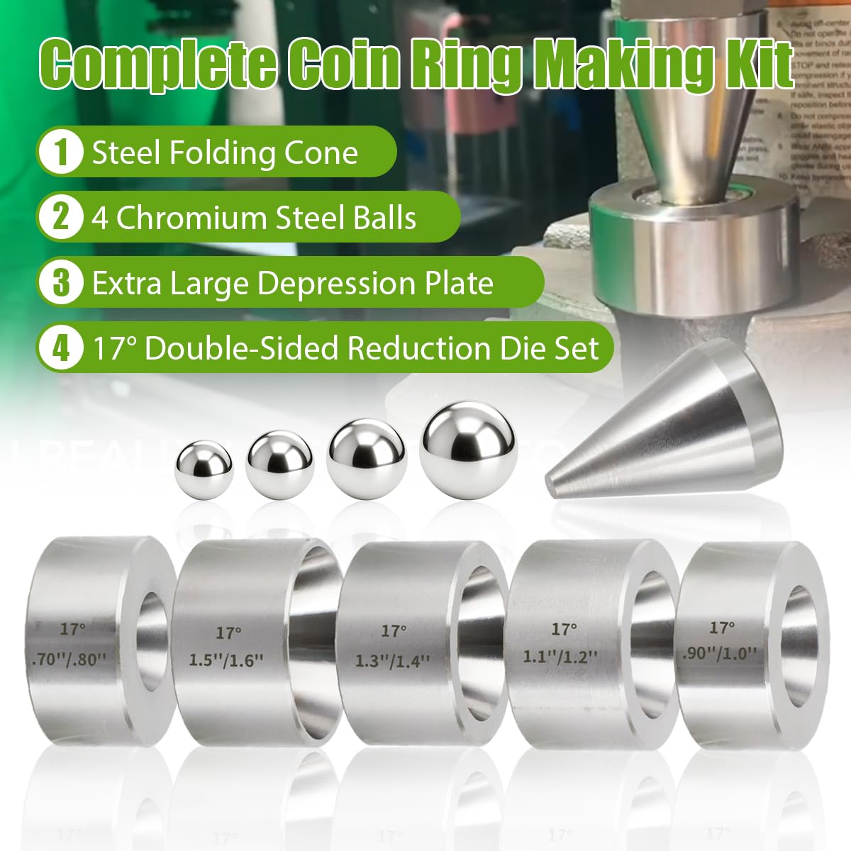 Coin Ring Making Tool with Reducing Plate, Reduction Die Set & Folding Cone