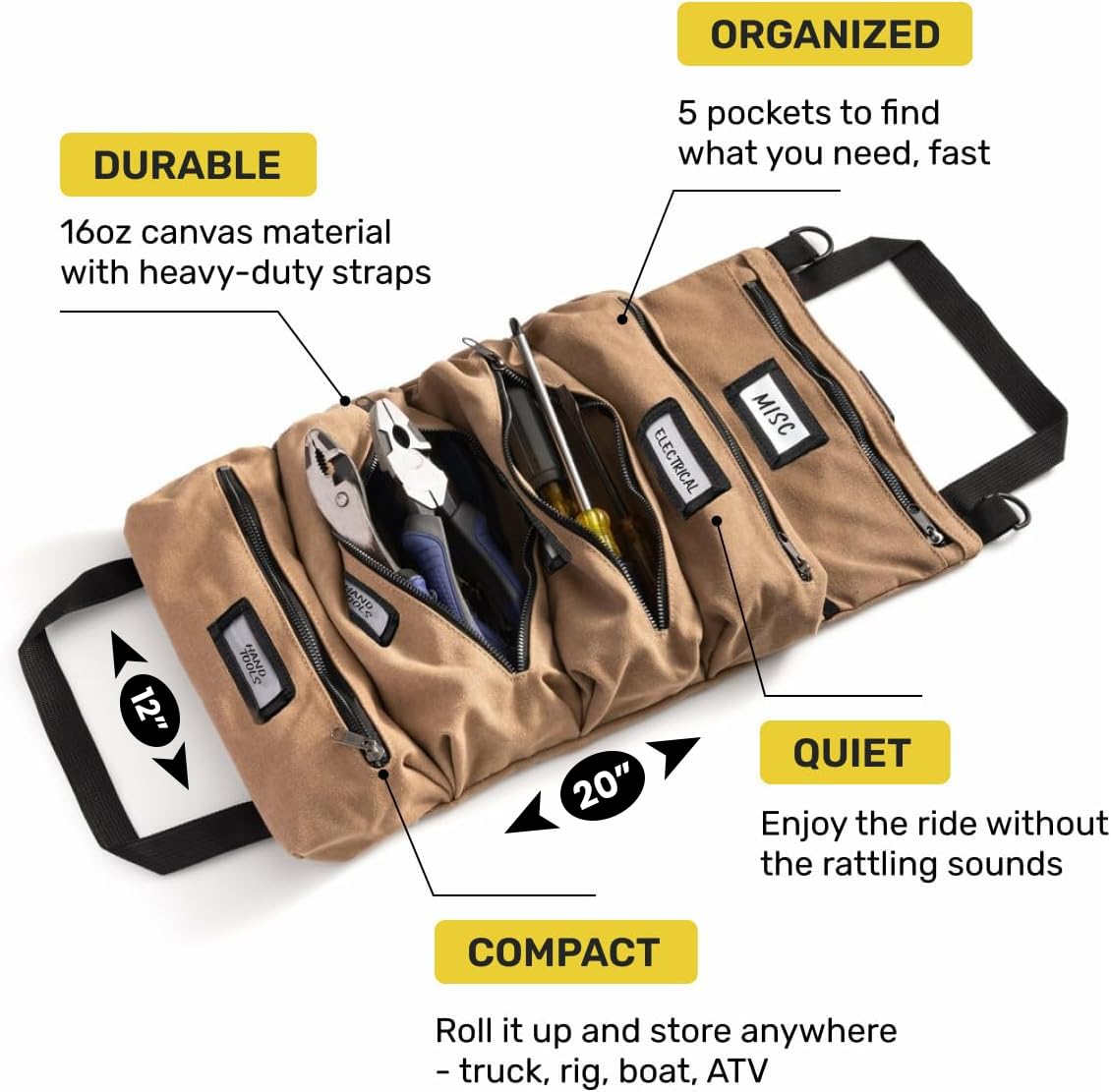 Official Legacy Tool Roll Bag, 5-Pocket, 20 x 12 in, Khaki