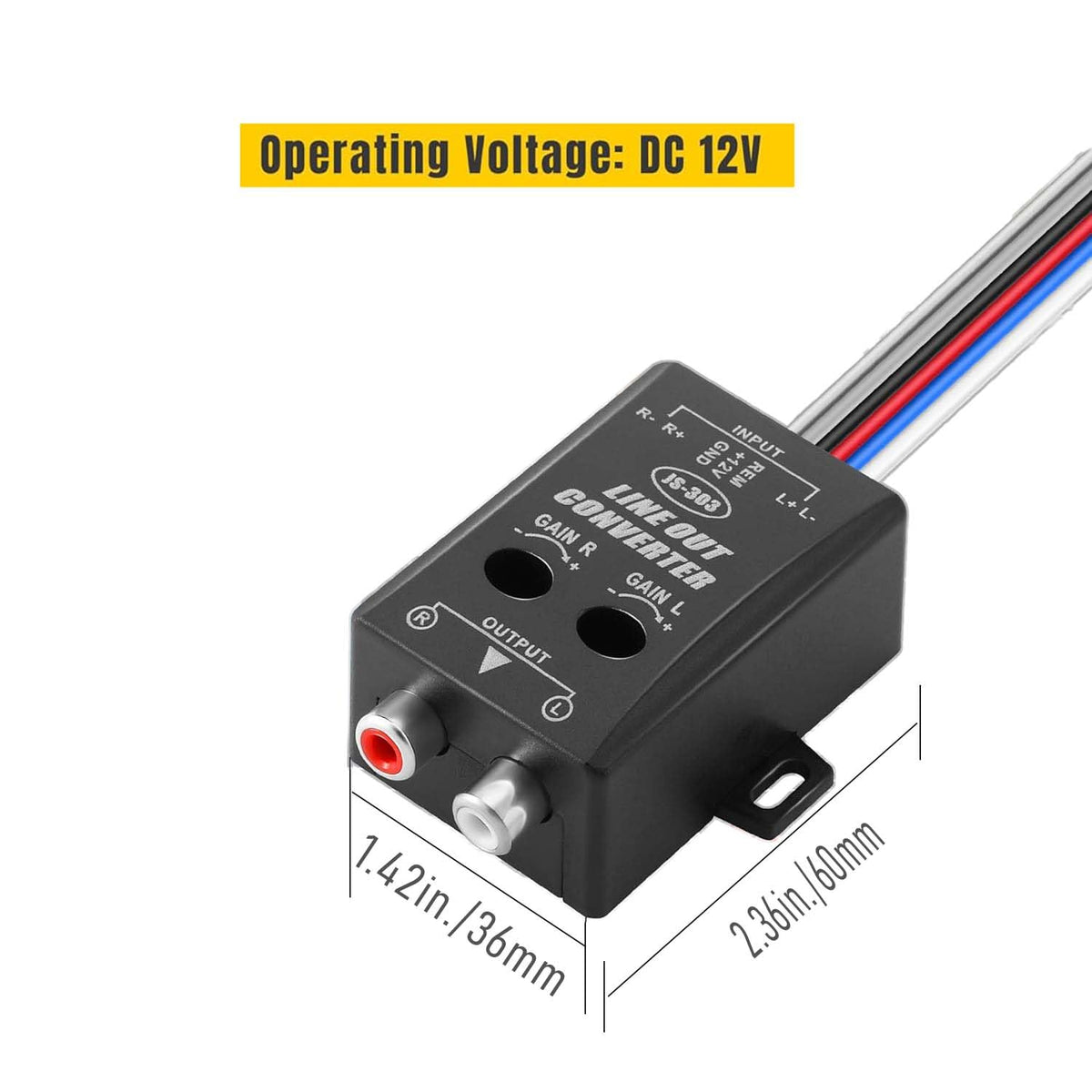 Line Output Converter with 7 Bare Wire 12V 2-Channel High to Low RCA Converter for Car Stereo Amplifier Audio Speaker