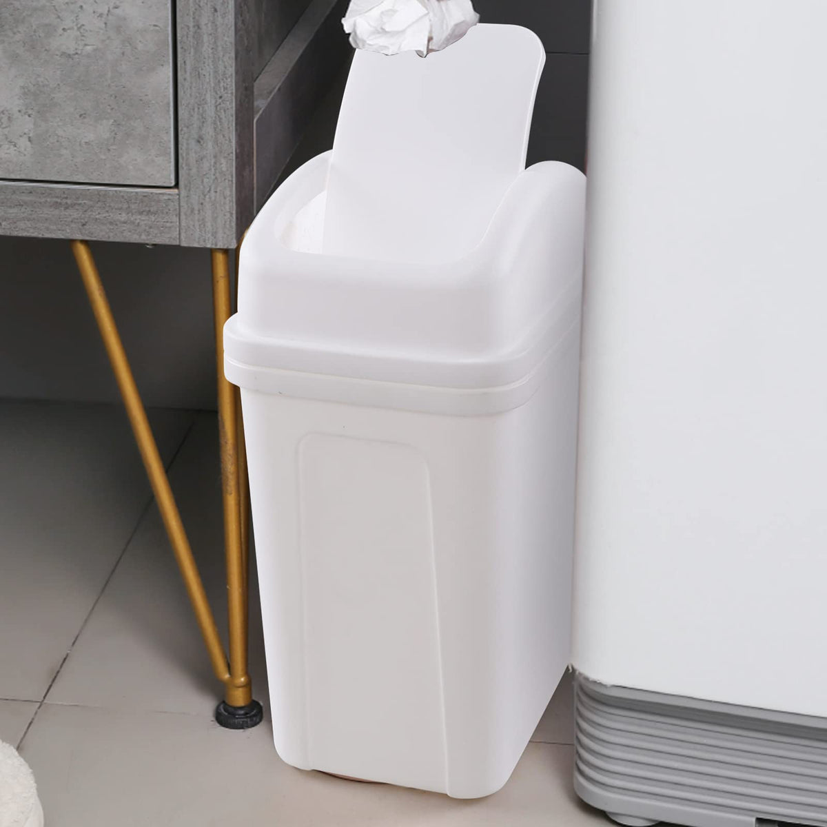 1.8 Gallon Plastic Swing Lidded Trash Can, Small Garbage Bin, White