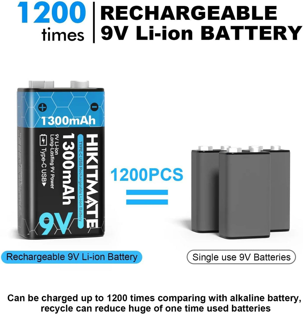 1300mAh Rechargeable 9V Batteries Lithium USB C, 2 Pack | 9 Volt Battery Li-ion for Smoke Detectors Alarms, 2H Fast