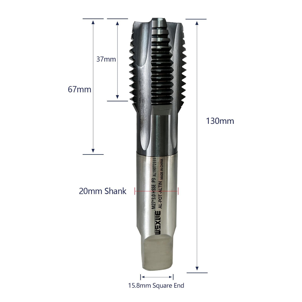 WEXWE Tools M27 x 3.0 Spiral Point Threading Tap, Metric Machine Threading Tap High Speed Steel Cobalt(HSSCo) With AlTiN Coating, Round Shank with Square End, H2 Tolerance, 1PC