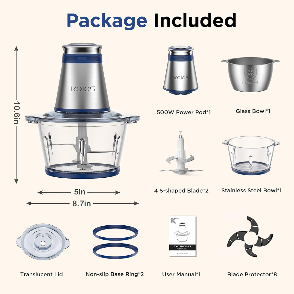 Food Processor, 500W Electric Food Chopper with 2 Bowls (8 Cup+8 Cup) & 2 Bi-Level Blades&, Small Electric Grinder
