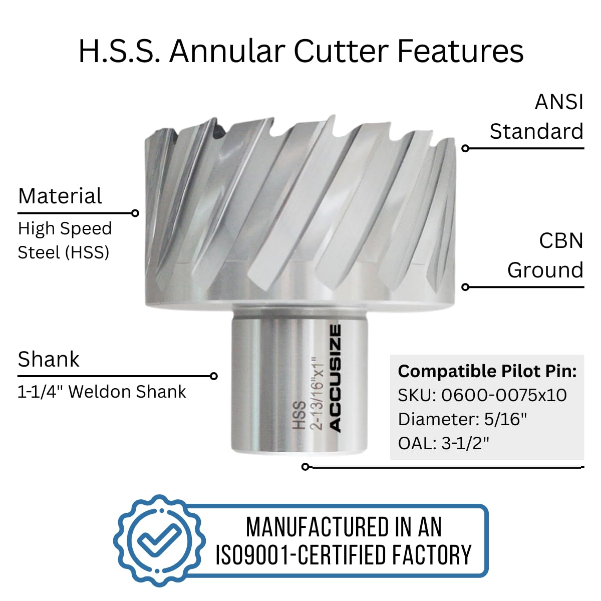 Accusize HSS Annular Cutter 2-13/16 x 1 in Cutting Depth, 1-1/4" Weldon Shk