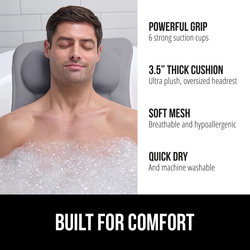 Bath Pillow for Tub, 6 Strong Suction Cups, 4D Mesh, Gray