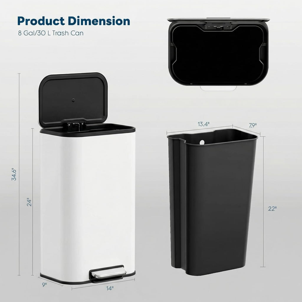 8 Gal/13.2 Gal Stainless Steel Kitchen Trash Can, Step Garbage Can