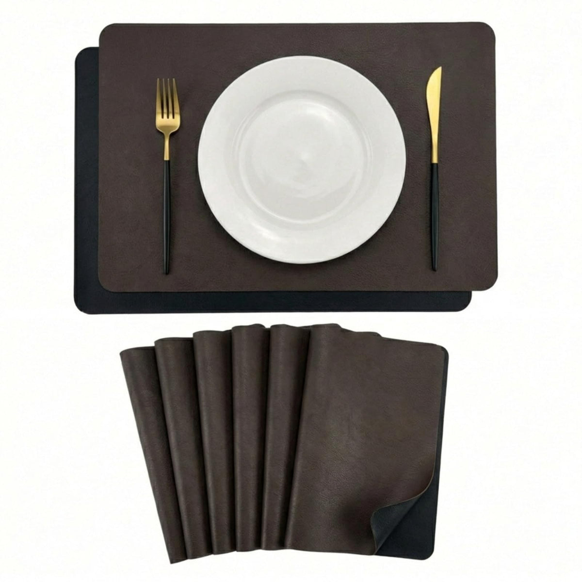 Faux Leather Placemats Set of 6, Black & Dark Brown