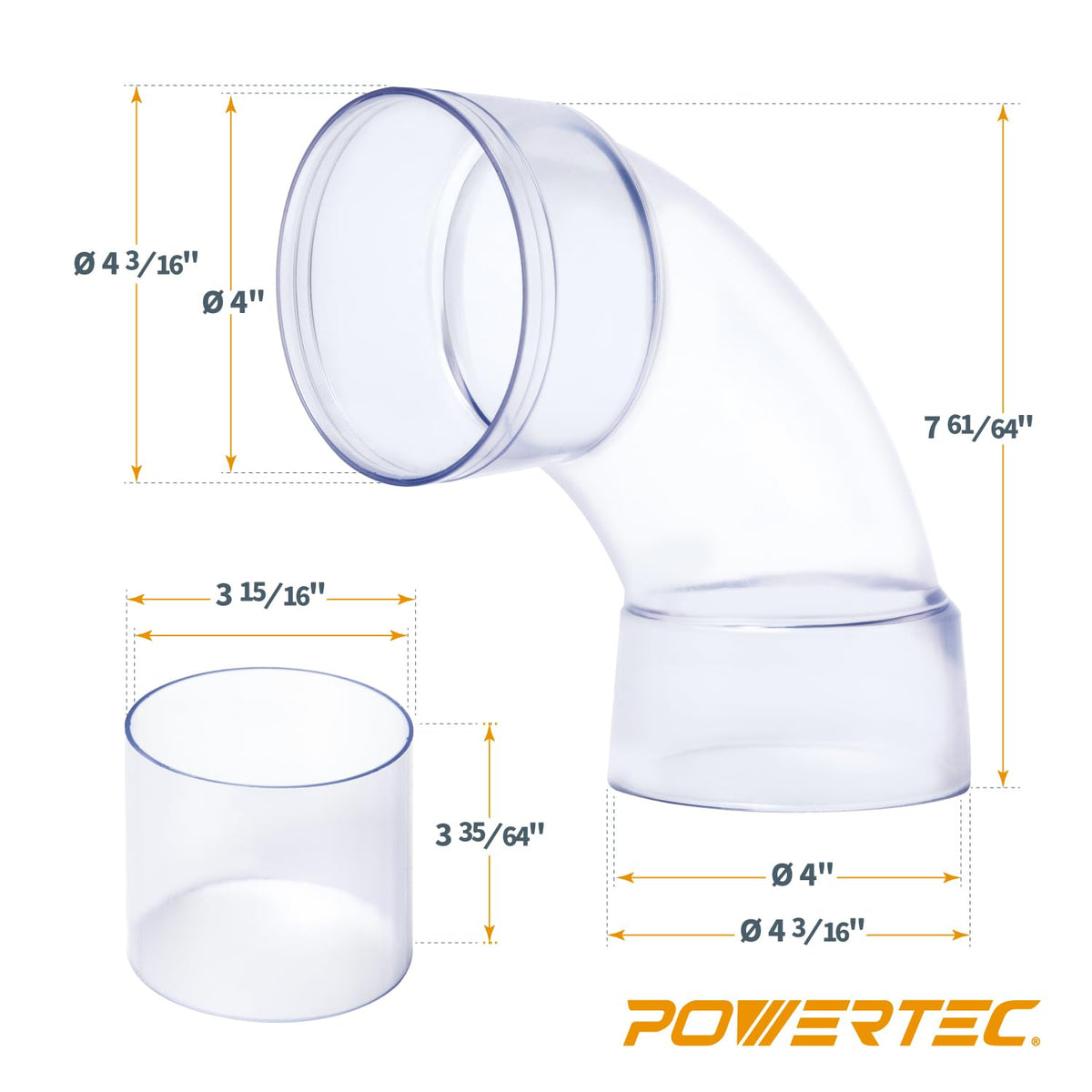 POWERTEC 70309V 4 Inch ID 90 Degree Elbow for 4" OD Dust Collection Pipes, Adapters and Fittings with Splice for 4 Inch ID Dust Collection Hose Connector (Clear), 1 Set