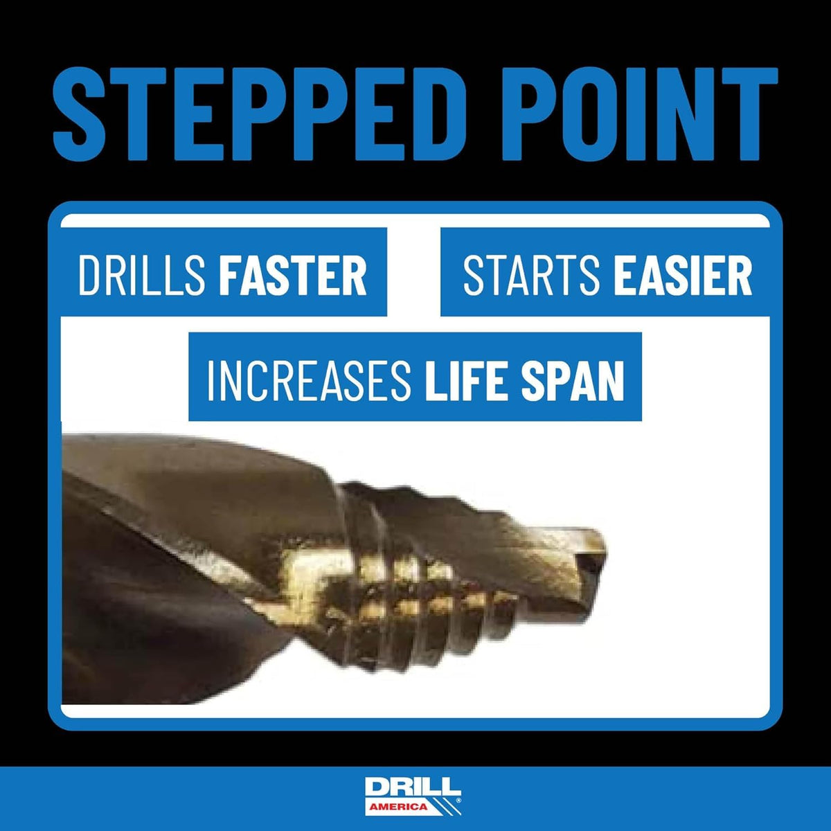 Drill America 15 Piece Cobalt Stepped Point Drill Bit Set in Round Case w/Gold Oxide Finish for Drilling Acrylic, Steel, Hard Metals, Sizes 1/16" to 1/2" x 32nds