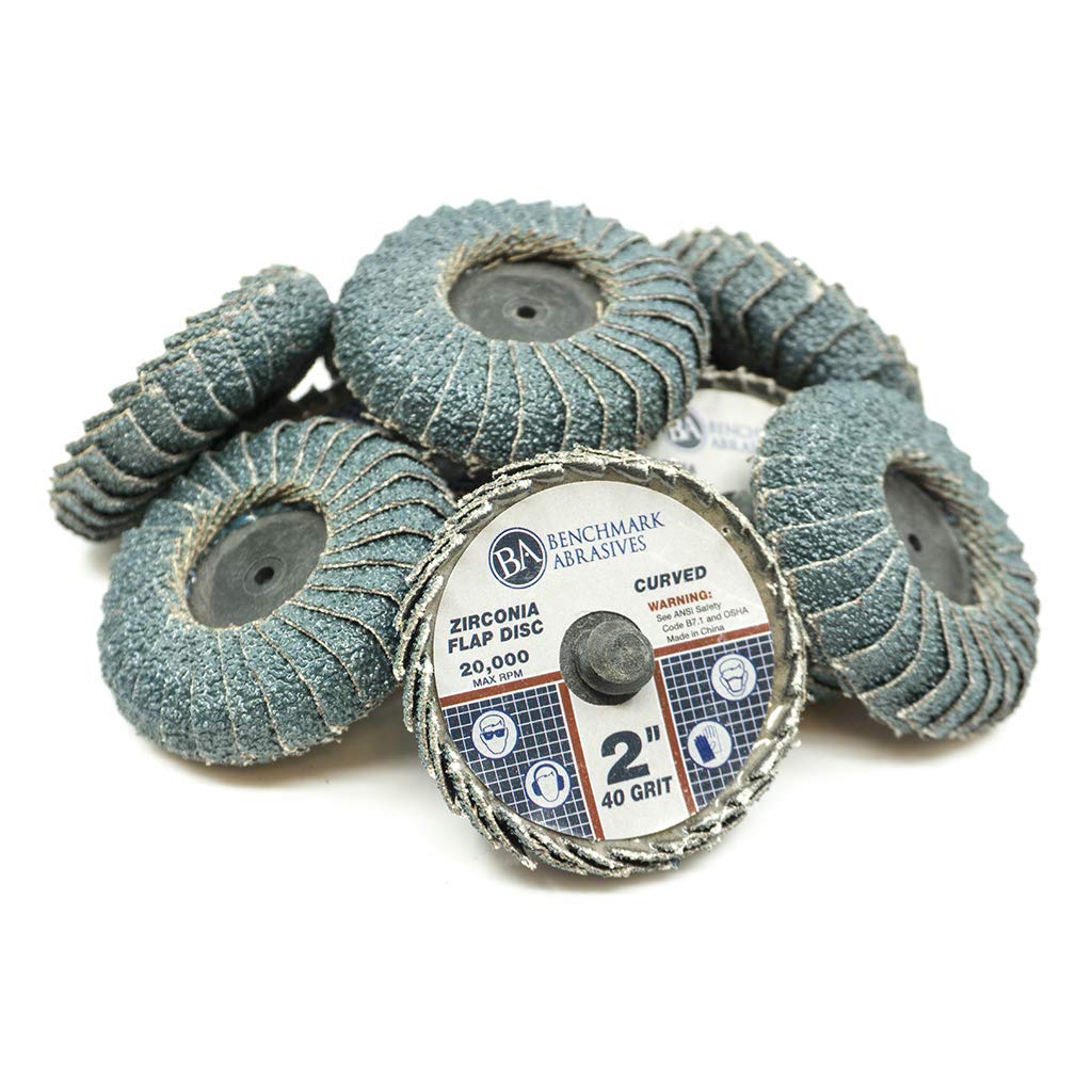 Benchmark Abrasives 2" Quick Change Zirconia Curved Flap Disc Grinding Wheel with Male R-Type Back Design - Finishing, Deburring of Irregular Surfaces - for Die Grinder & More (10 Pack) 40 Grit
