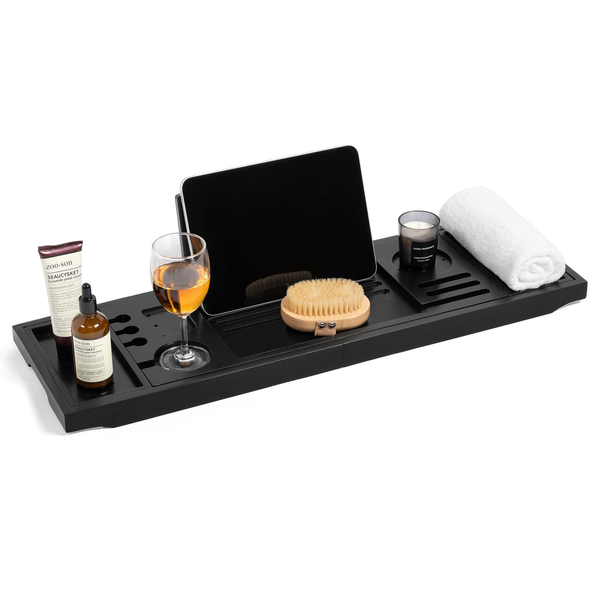 Teak Bathtub Tray, Adjustable Width Black Bath Caddy