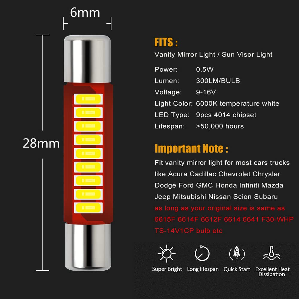 DODOFUN 6615F 6612F T-2 LED Bulb for Car Vanity Mirror Sun Visor Light