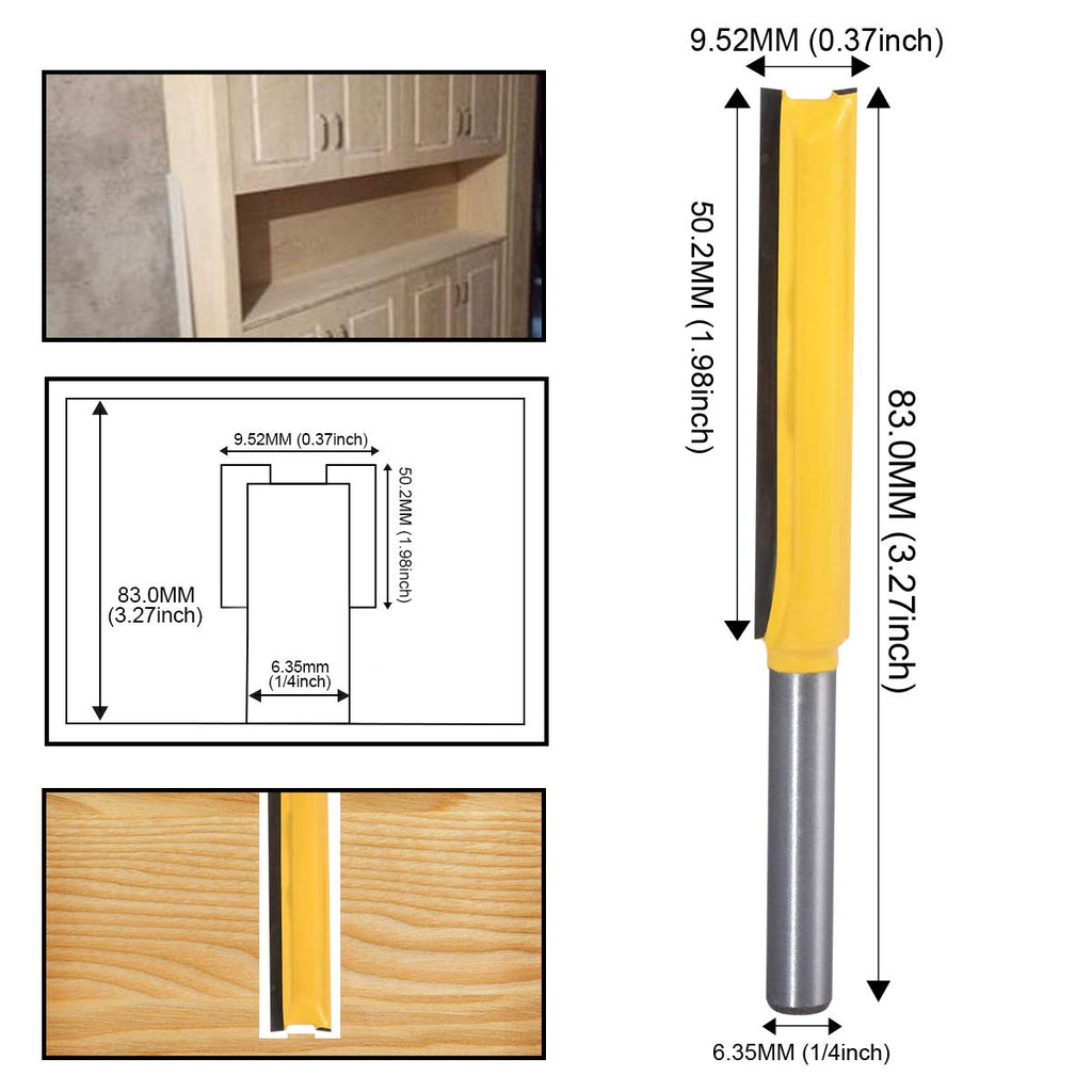 HOHXEN Straight Router Bit, 1/4 Inch Shank Double Flute Flush Trim Carbide Router Bits Milling Cutter for Plywood Wood Joinery - 1/4" Shank 3/8" Diameter 2" Height