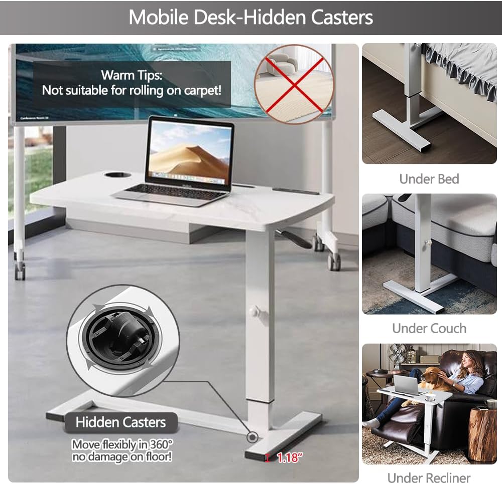 Overbed Table with Wheels & USB,Pneumatic Height Adjustable Bedside Table