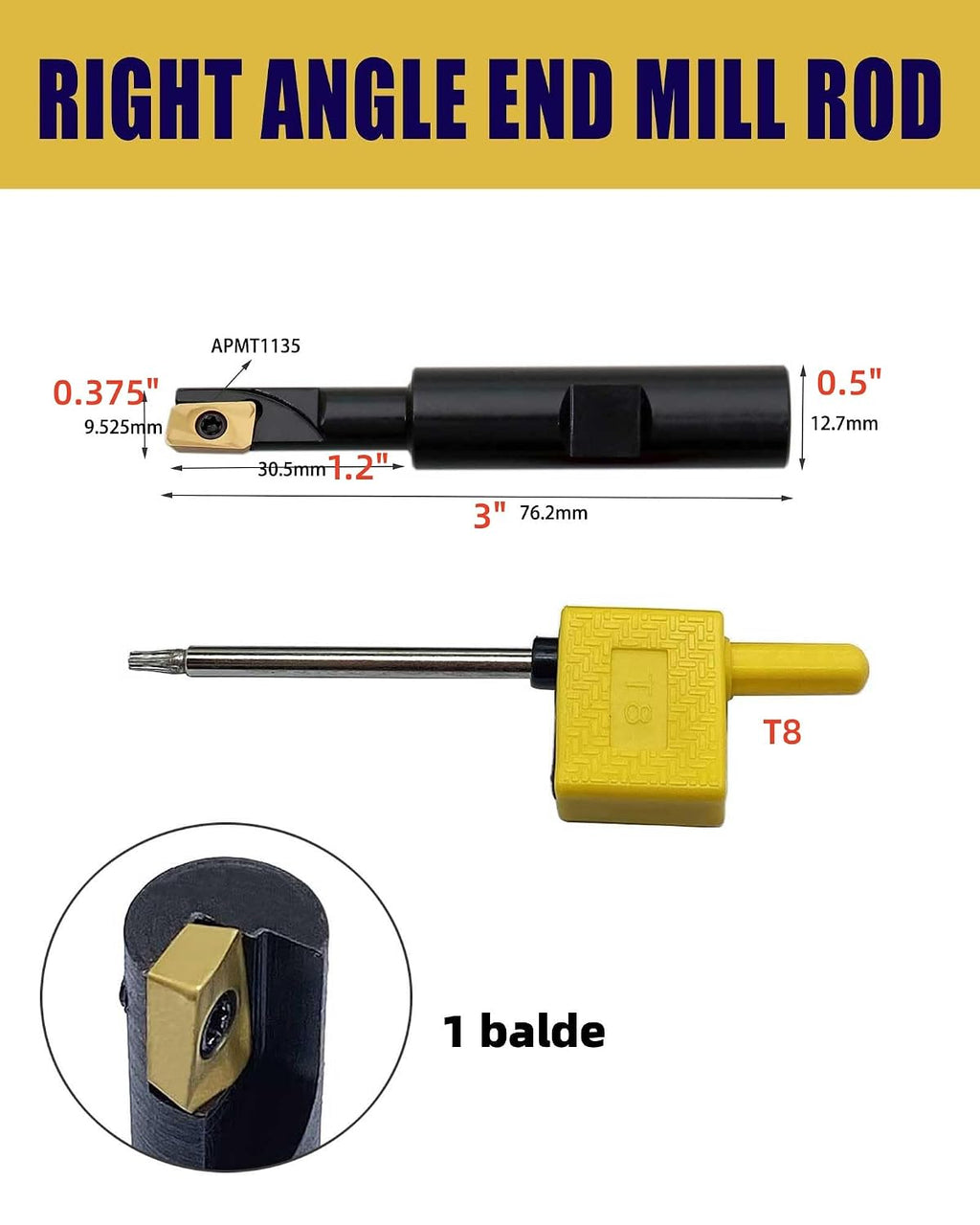 GBJ APMT1135 Indexabler Face Milling Inserts with 90 Degs Square Shoulder Indexable Milling Tool Holder 1/2in Shank for Steel Cutting Semi-Finishing (3/8in milling Holder+1pc APMT1135)