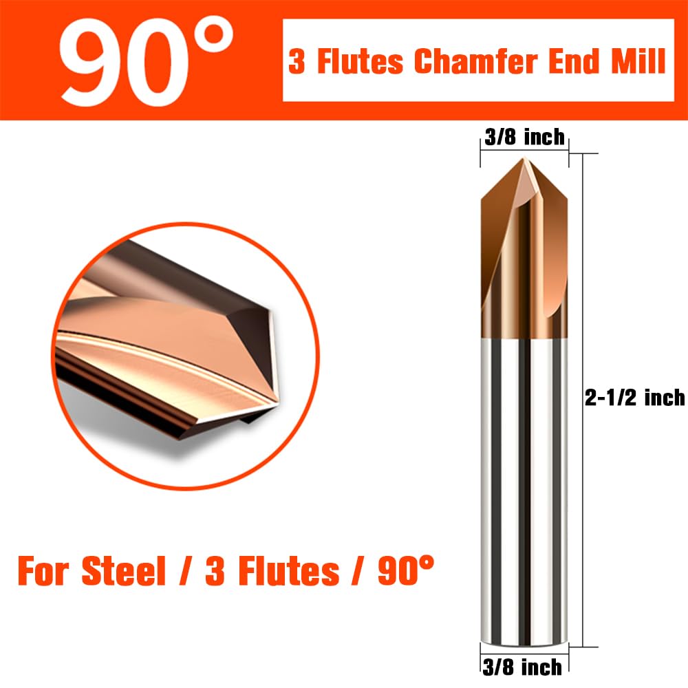 sisona Carbide Chamfer End Mill 90 Degree 3/8" Shank Dia - Carving Bits, V Groove,Tisin Coated 3 Flute- for Alloy Steels, Hardened Steels