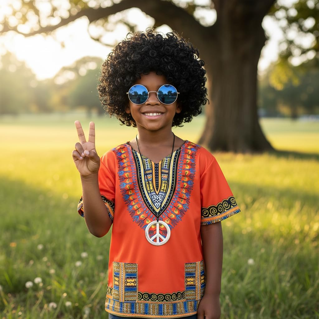 Kids Hippie Costume for Boys Girls 60s 70s 4 Pcs T-Shirt Afro Wig Set