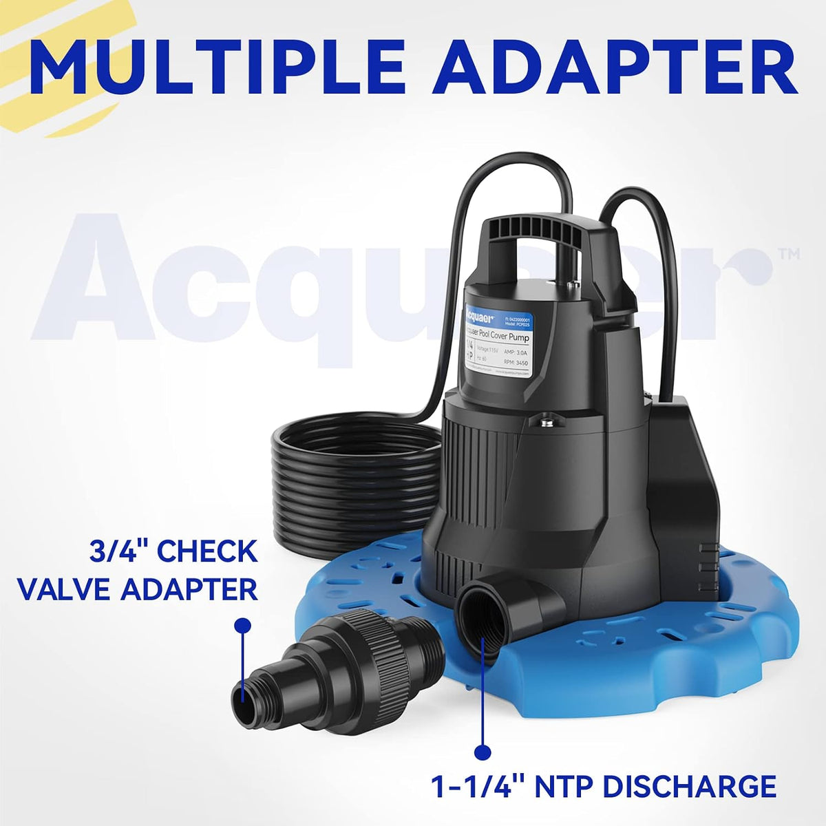1/4 HP Automatic Swimming Pool Cover Pump, 2250 GPH Submersible Sump Pump with 3/4” Check Valve Adapter & 25ft Power