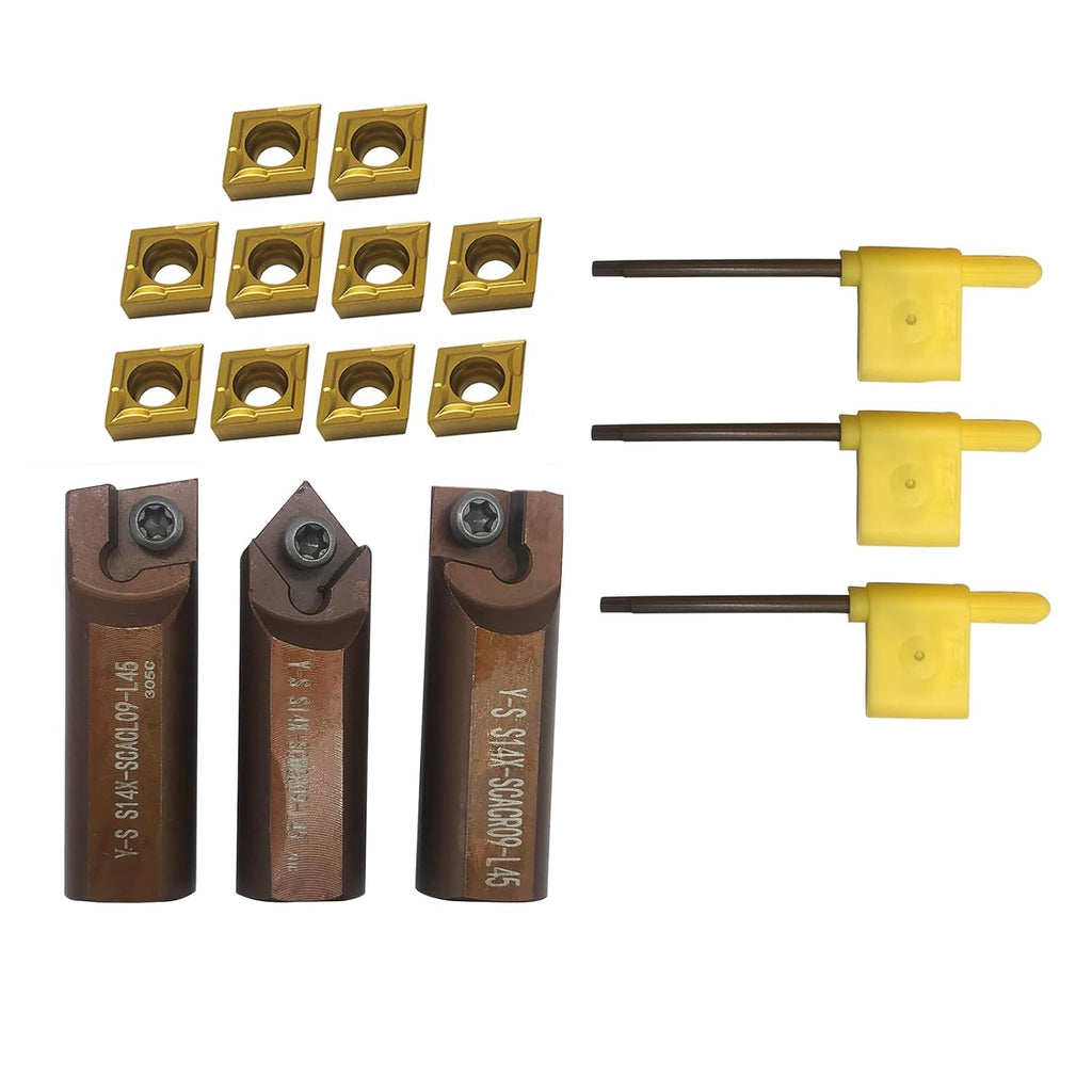 3pcs Metal Lather Turning Tool Holder Spring Steel Boring bar with CCMT32.51 CCMT09T304 Carbide Turning Inserts for Excavator and Boring Machine (S14X-SCACR/L/N09-L45+CCMT09T304)
