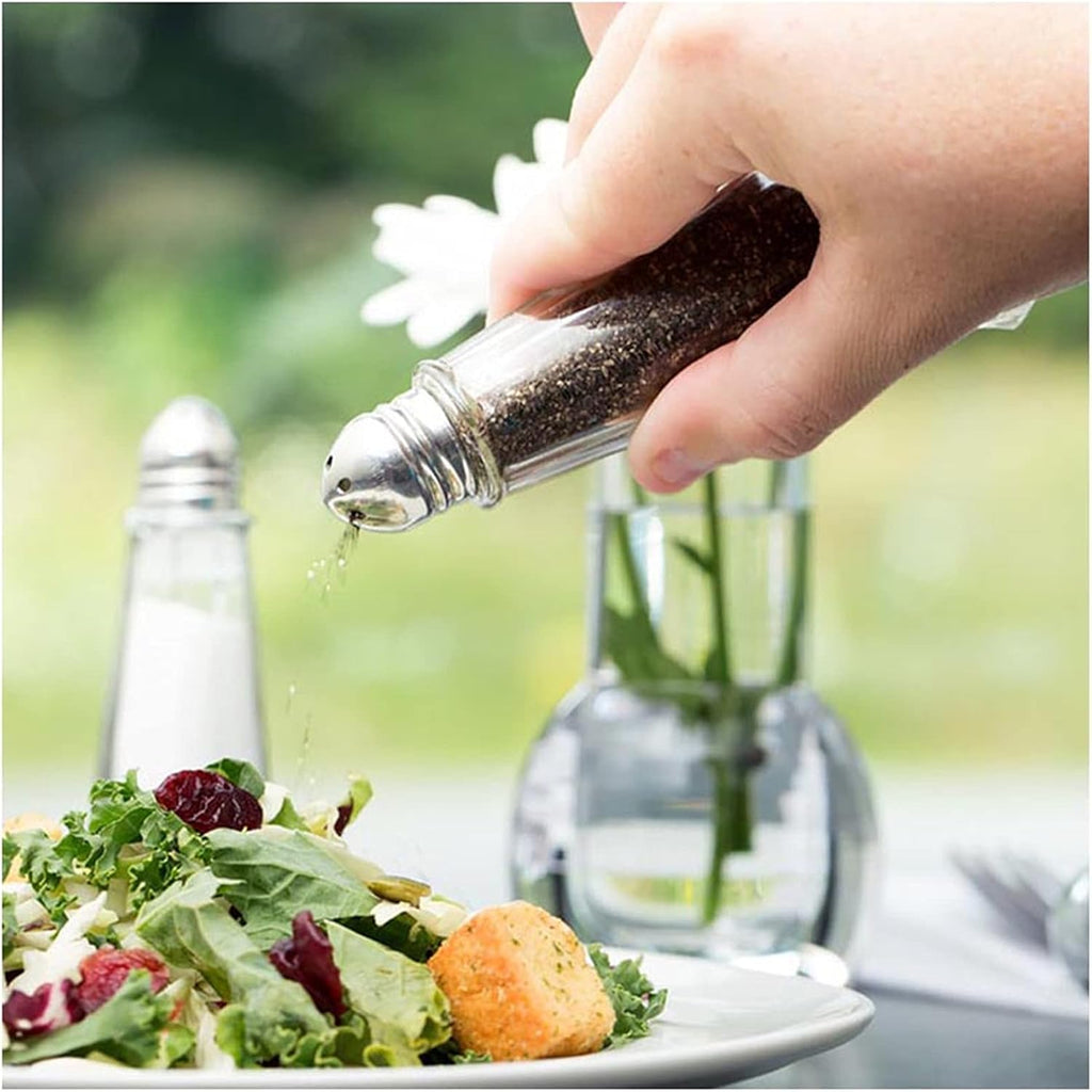 12 Pieces Salt and Pepper Shaker Set, 1 oz Tower Glass Body Mini Restaurant Shakers with Stainless Steel Lids, Clear