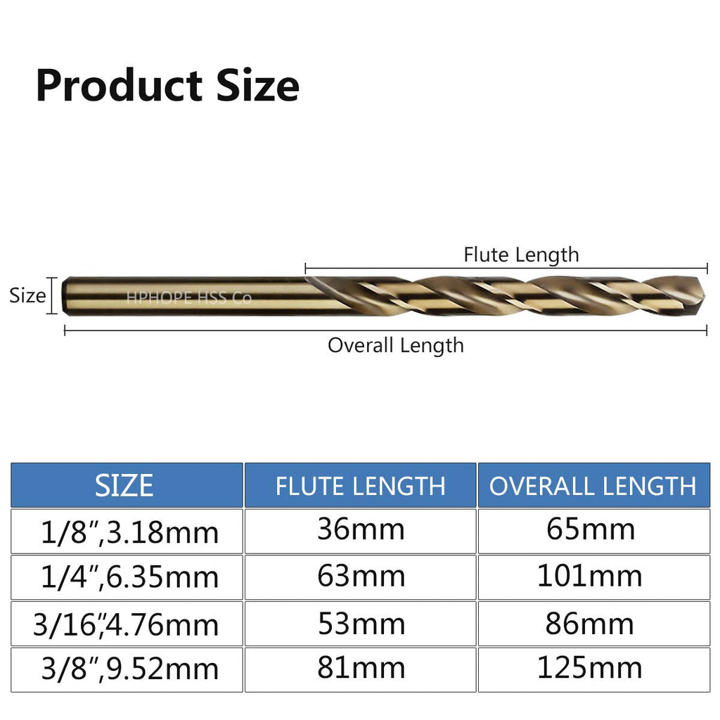 1/8 Inch Cobalt Drill Bits 10Pcs - HPHOPE M35 HSS Metal Twist Drill Bits Set, Jobber Drill Bits Length and Straight Shank, Suitable for Drilling in Hard Metal, Stainless Steel, Cast Iron
