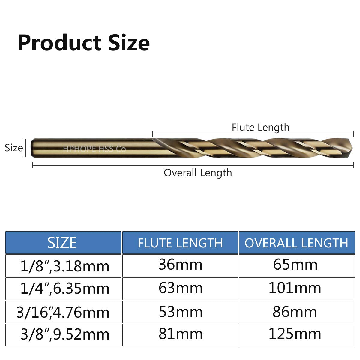 1/8 Inch Cobalt Drill Bits 10Pcs - HPHOPE M35 HSS Metal Twist Drill Bits Set, Jobber Drill Bits Length and Straight Shank, Suitable for Drilling in Hard Metal, Stainless Steel, Cast Iron