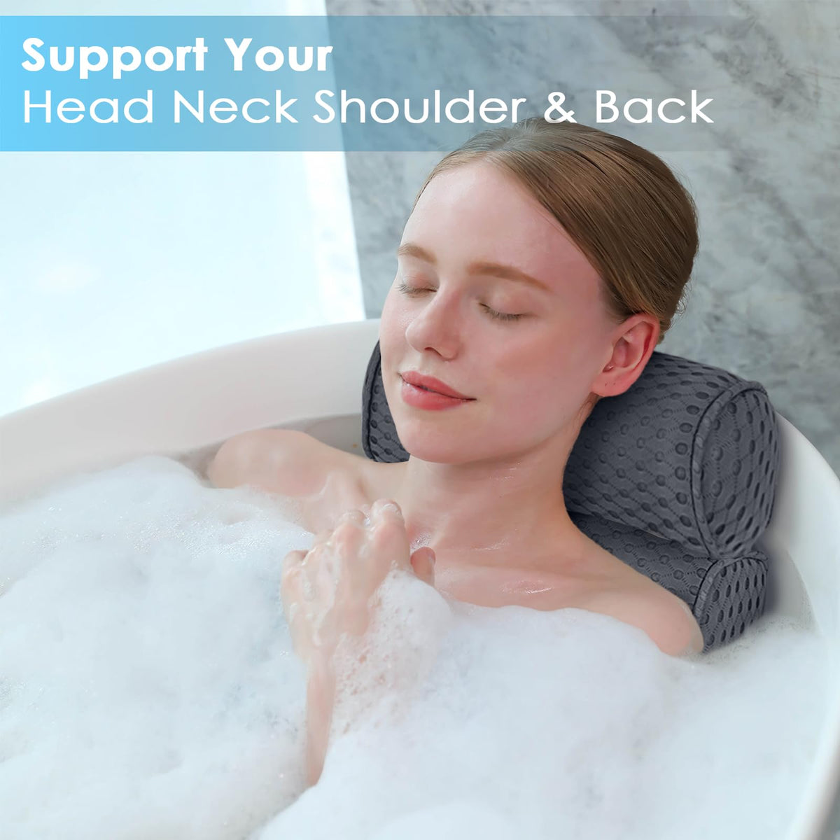 Luxury Bath Pillows for Tub Soft Mesh Strong 6 Suction Cups Gray